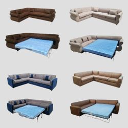 NEW 7X9FT Sectional COUCHES WITH SLEEPER COUCHES, Charcoal COMBO, CREAM, Brown FABRIC, Camel LEATHER  Set/ More Color FABRIC Available 