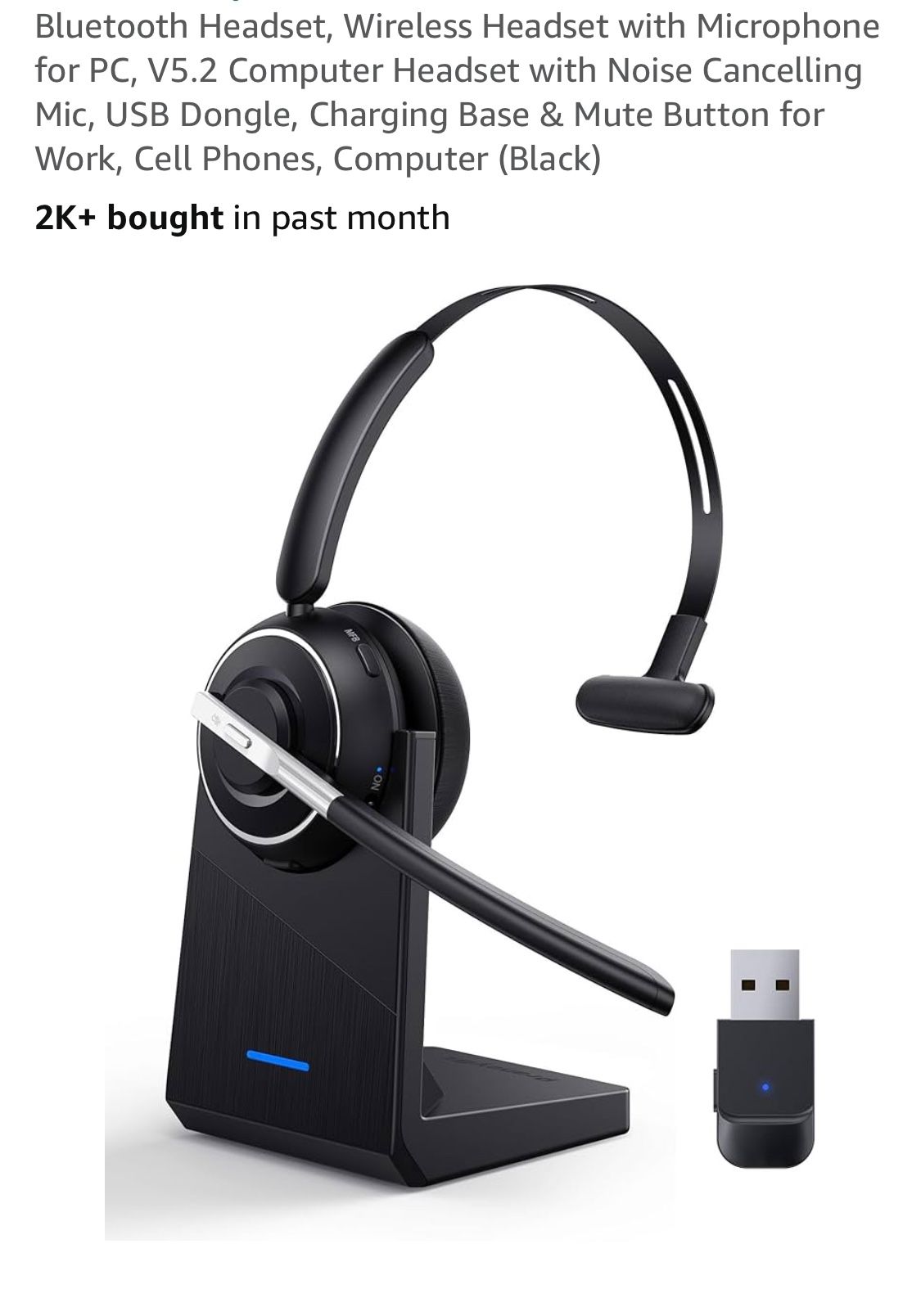 Bluetooth Headset, Wireless Headset with Microphone for PC, V5.2 Computer Headset with Noise Cancelling Mic, USB Dongle, Charging Base & Mute Button f