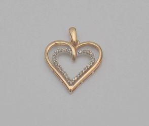 10K Yellow Gold Diamond Double Heart Pendant Love 18.6 x 19mm