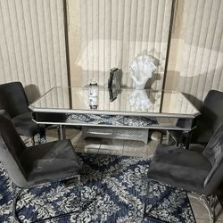 Dining Room Table Set 4 Chairs Dining Set Kitchen Glass Mirror Gray Grey Fancy Modern House Furniture Home