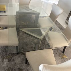 **Luxurious Modern Glam Dining Set – Glass Top + Mirrored Geometric Base – 6 Chairs**