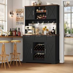 71'' Tall Wine Bar Cabinet with Storage Hutch & 3 Drawers, Farmhouse Coffee Bar Cabinet Wine Rack with Adjustable Shelves for Kitchen Dining Room, Bla