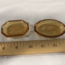 2 Vintage Amber Open Glass Salt Dishes With Intaglio