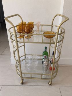 Gold Glass Bar Cart on Wheels