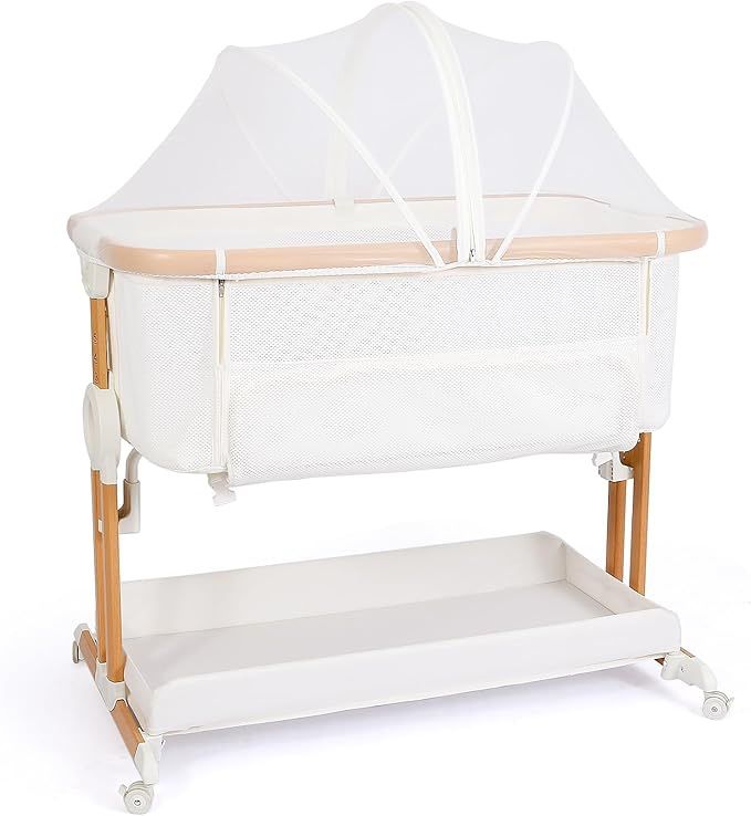 New In Box Baby Bassinet Bedside Sleeper 2 in 1 with Wheels, Arms Reach Co Sleeper Breathable All Mesh with Mattress, Incline Option, 5 Adjustable Hei