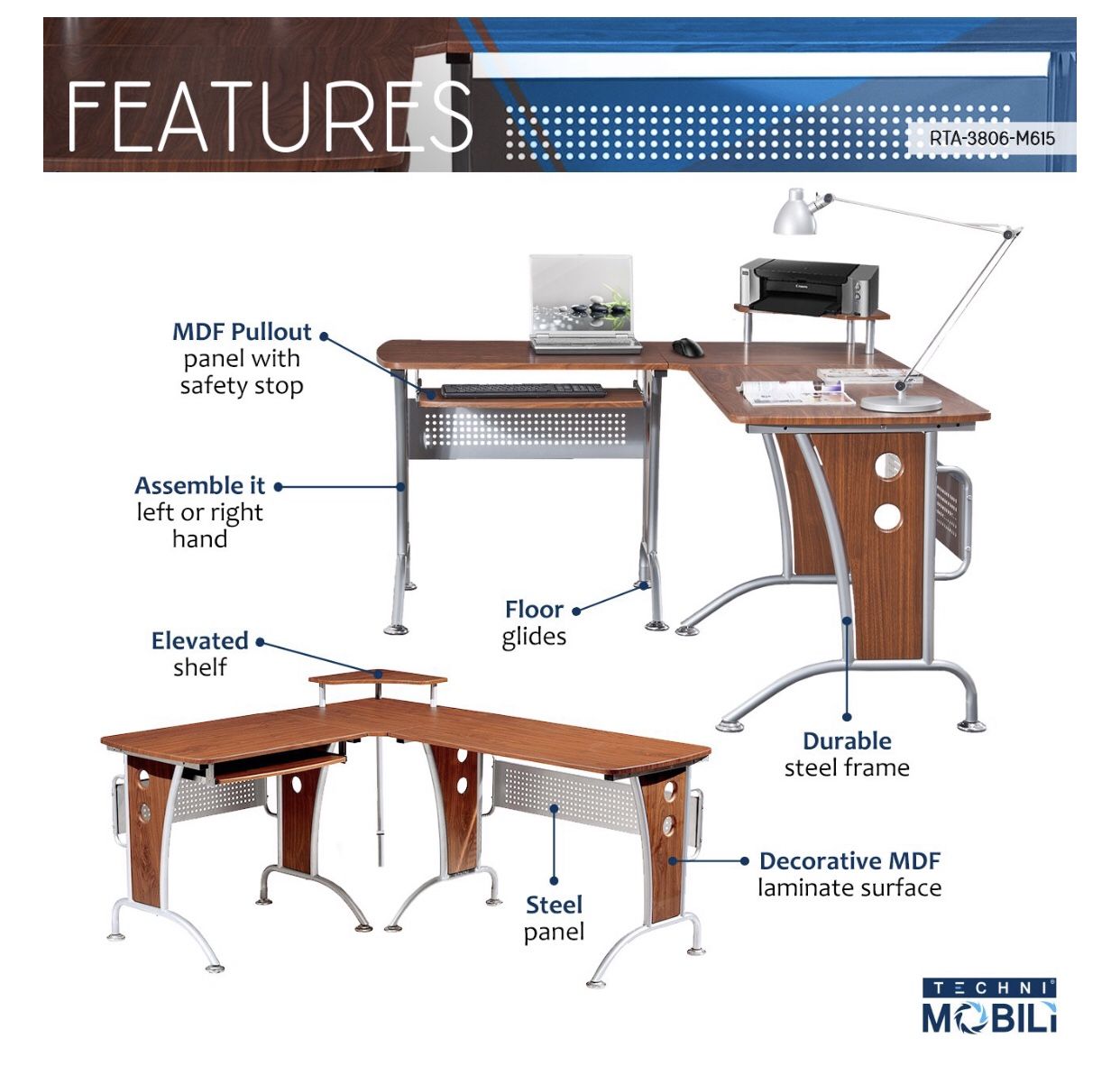 Techni Mobili Deluxe L-Shaped Computer Desk With Pull Out Keyboard Tray, Mahogany (RTA-3806-M615)