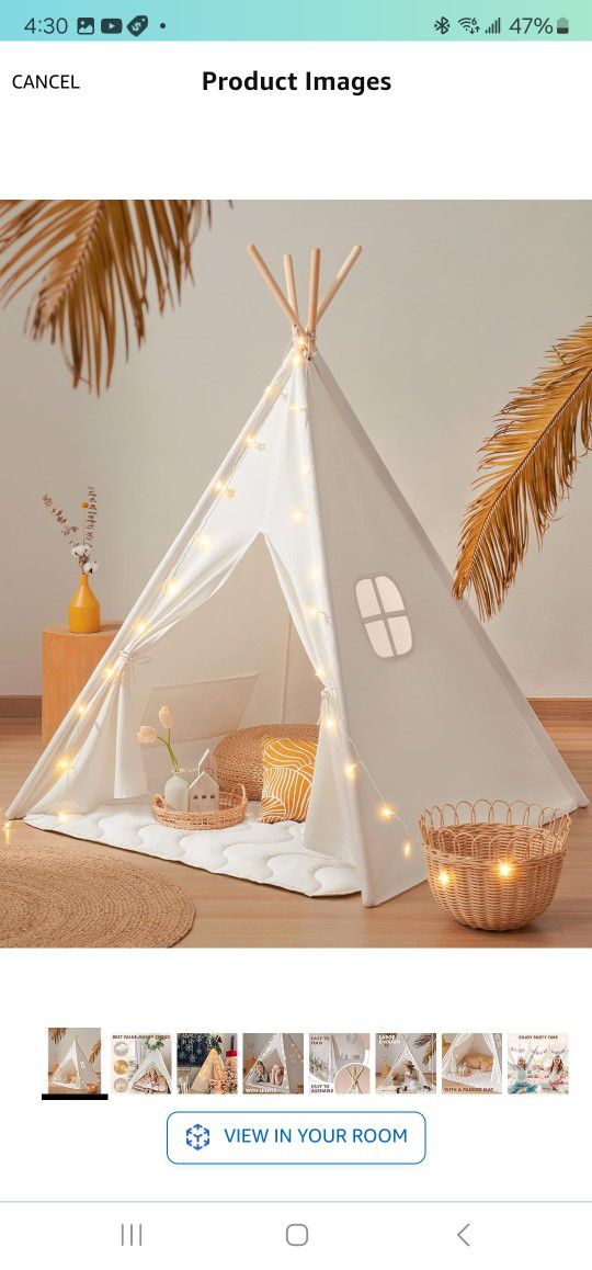 Tiny Land Teepee Tent for Kids, 100% Cotton Play Tent withPadded Mat and Star Lights