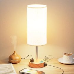 Fenmzee Bedside Table Lamp for Bedroom - 3 Way Dimmable Touch Lamp USB C Charging Ports and AC Outlet, Small Lamp Wood Base Round Flaxen Fabric Shade