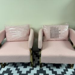 Modern Barrel Accent Chairs Set of 2, Living Room Side Chairs with Golden Metal Legs Soft Upholstered Reading Armchairs no Wheels for Vanity/Reception