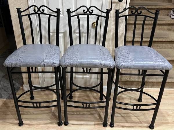 Set of 3 Black Iron Stools Bar Height Backed Stool Gray Leather Seat Cushion