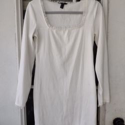 Forever 21 White Ribbed Knit Sheath Dress Sz Large Long Sleeve Lace Trim Womens
