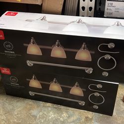 Estoril 24 in. 3-Light Classic Brushed Nickel Bathroom Vanity Light with Frosted Glass Shades, 5-Piece Hardware Set