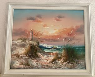 Original Framed Acrylic Seascape With Lighthouse Painting