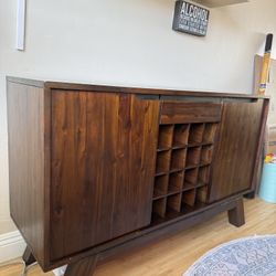 Mid-Century Solid Wood (Walnut) Bar Cabinet With Wine Storage