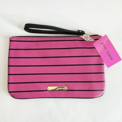 NWT Betsey Johnson Lipstick & Champagne Pink Black Stripes Pouch Large Wristlet