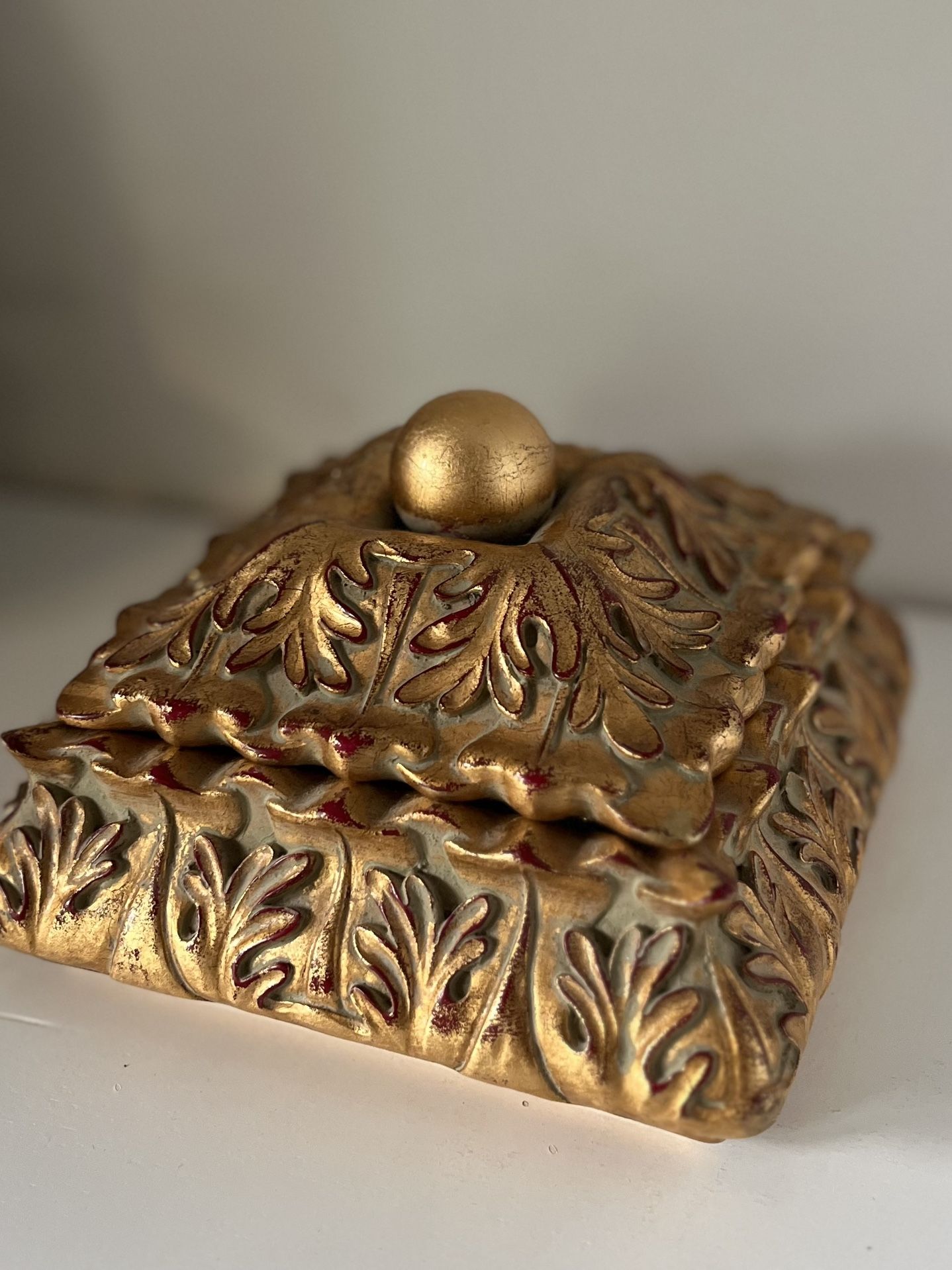 Gold Toned Trinket Box With Leaves & Red Accents