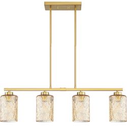 4-Light Linear Farmhouse  Rectangular Chandelier Lighting,Luxury Water Ripple Amber Glass 
