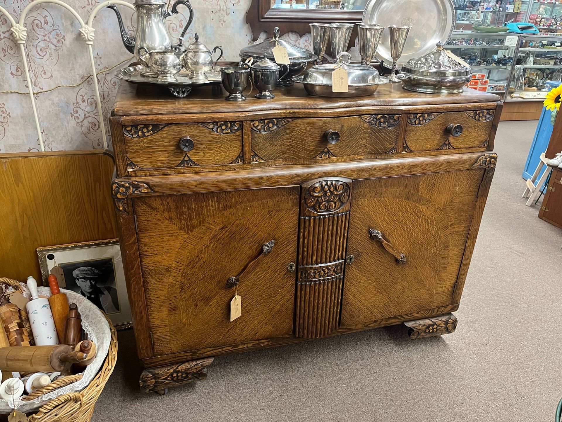 Antique Art Deco Tiger Oak Buffet Sideboard