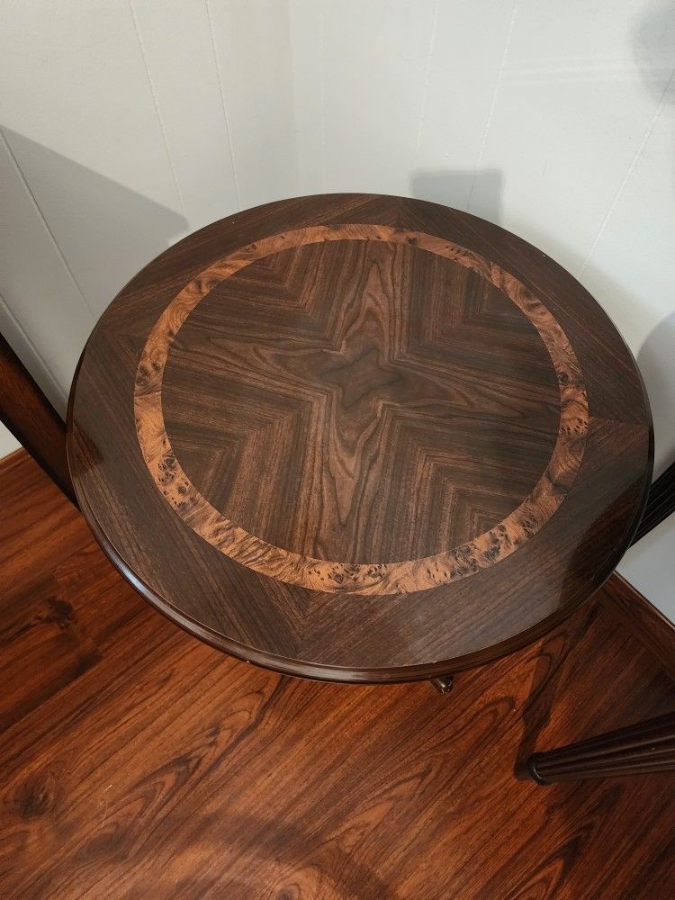 Round Brown Wooden Pedestal Side Table with Inlay