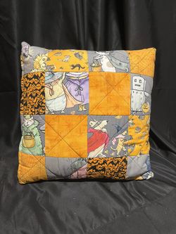 Handmade Halloween Fabric Quilted Soft Throw Pillow, Vintage Fabric Pattern, Gothic 14”x14”