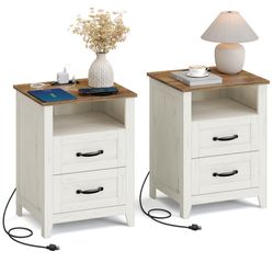 Farmhouse Nightstands with Charging Station, Set of 2 Bedside Tables, Side Tables with 2 Drawers, Open Compartment, for Bedroom, Rustic White and Hone