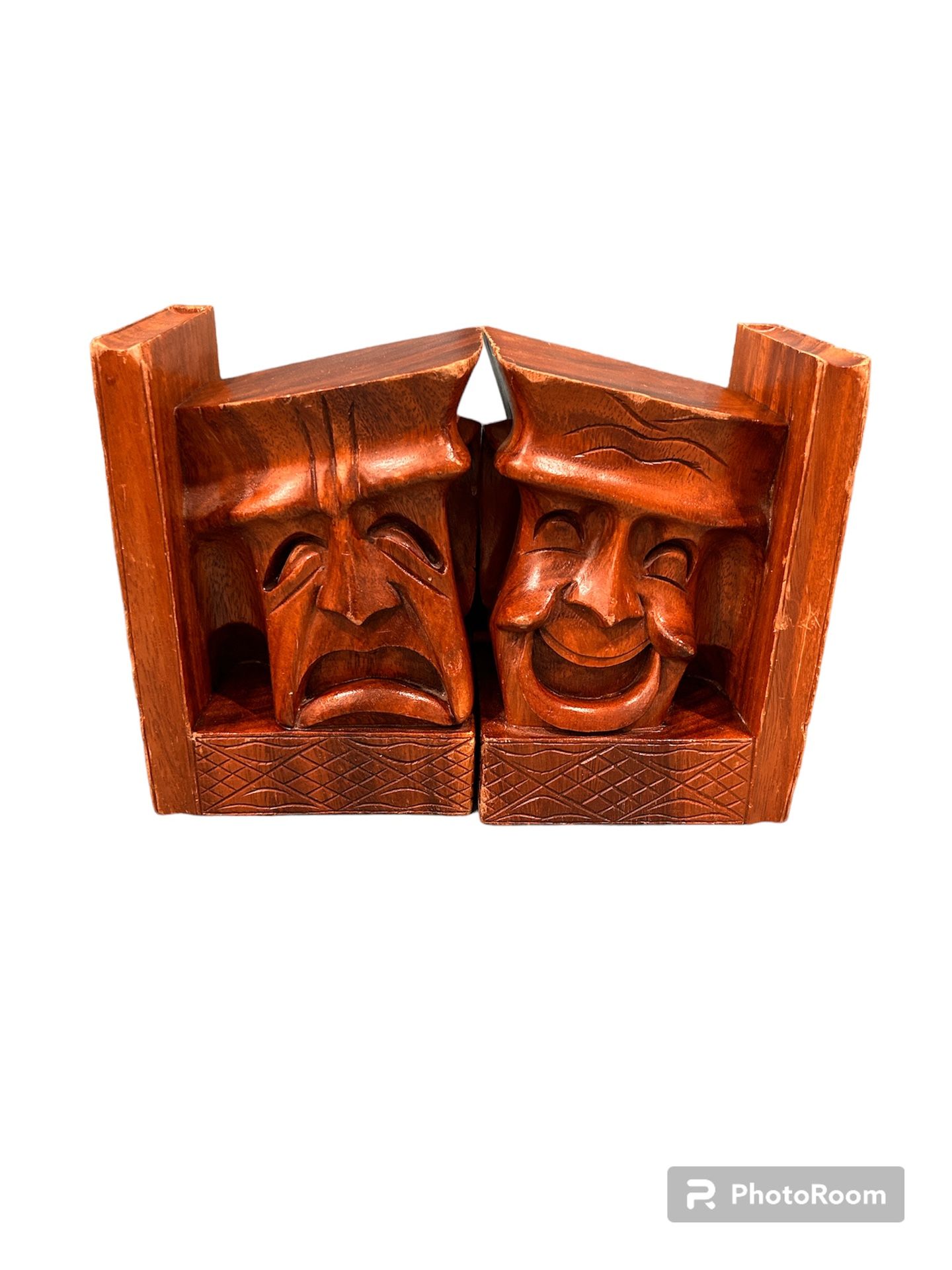 Vintage Comedy and Tragedy wooden bookends from 1960’s drama face bookends