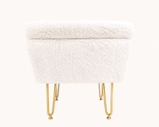 White Faux Fur Storage Ottoman Vanity Stool with Gold Hairpin Legs – New