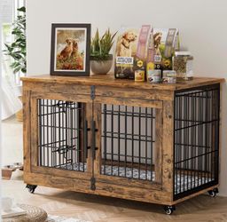 Large Dog Crate Furniture, 35.5” Heavy Duty Wood Kennel w/Cushion & Wheels Up to 85 lbs
