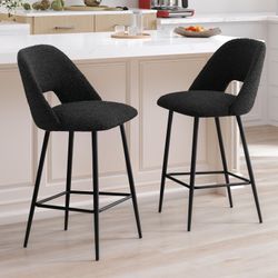 Modern Bar Stools Counter Height with Open Backs, Upholstered Counter Stools for Kitchen Island, 26'' Black Boucle Fabric Kitchen Chairs with Metal Le