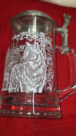 James Meager Timber Wolf Stein Etched Glass Beer Stein Wolf Stein Pewter Lid Made in Germany G8B035