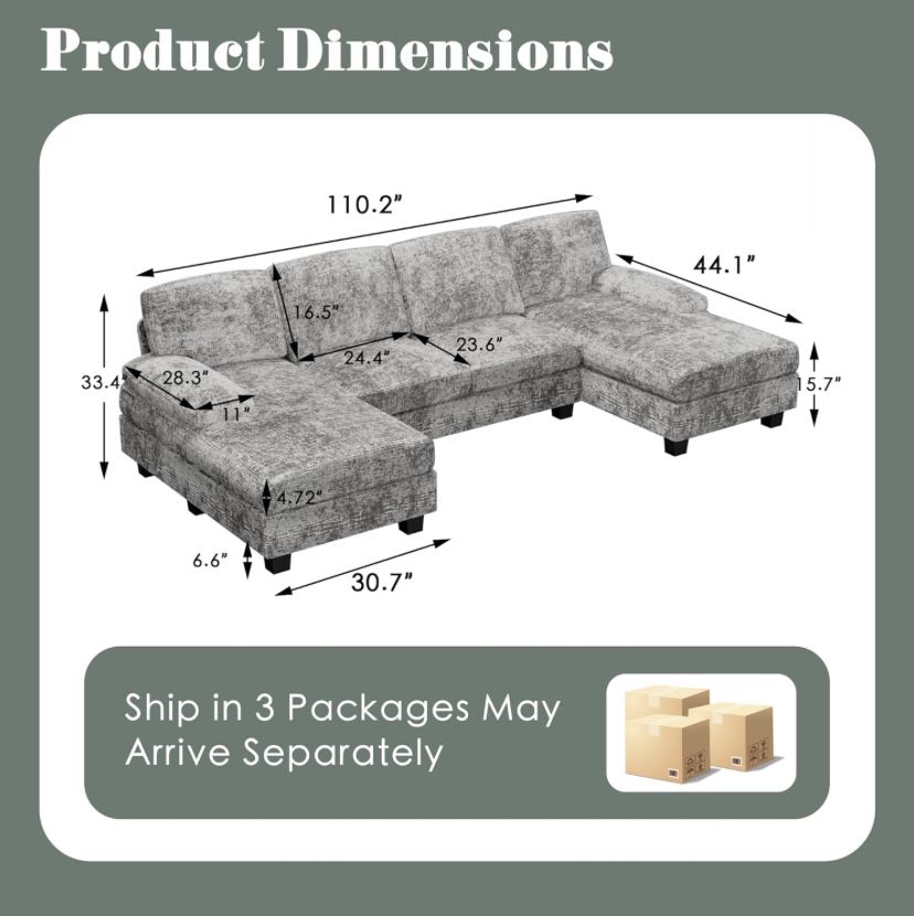 Furniwell Convertible Sectional Sofa Couch, 4 Seat Sofa Set for Living Room U-Shaped Modern Fabric Modular Sofa Sleeper with Double Chaise & Memory Fo