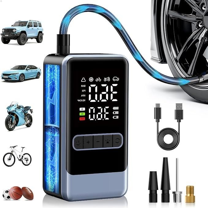 Tire Inflator Portable Air Compressor, 150PSI Cordless Air Pump for Car Tires, Electric Bike Tire Pump with Digital Pressure Gauge and LED Light