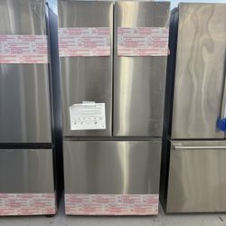 Samsung 32” 25 cu. ft. Standard Depth 3-Door French Door Smart Refrigerator in Stainless Steel with Beverage Center and Dual Ice