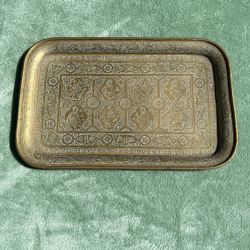 Antique Vintage Persian Style Brass Tray W/engraved Figures & Floral Motifs 