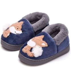 NEW! Super Soft! Fluffy Little Kids House Slippers Navy Blue Fox, Toddler Size 4/5