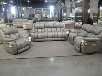 Homestretch Zero G Triple Power Reclining Sofa - Smoke Leather-Look, Power Headrest - Floor Sample