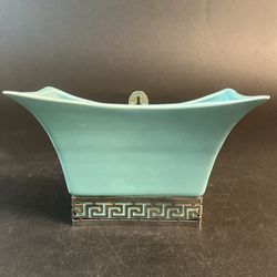 Vtg Teal Art Deco Vase Wall Pocket Atomic MCM Greek Key Trim Hollywood Regency