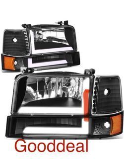 #79 FIT 92-1996 Ford F150 / F250 /F350 / Bronco Black Lamp Amber LED Bar DRL Halogen Headlights Head Light Pair Set