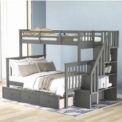 Gray Twin Over Full Bunk Bed With Staircase And Storage