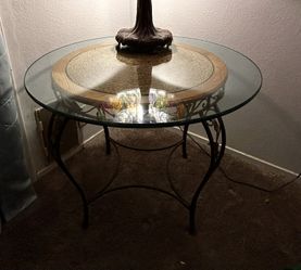 SMALL GLASS, WOOD & IRON TABLE