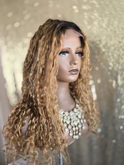 22"  Full Lace Human Hair Wig Honey Blonde Ombre New Curly 