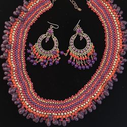 Vibrant Pink And Coral Beaded Necklace And Earrings 