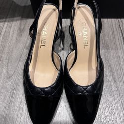 Chanel Lambskin & Patent Calfskin Black Coco sling pump heel  37.5/US women 7