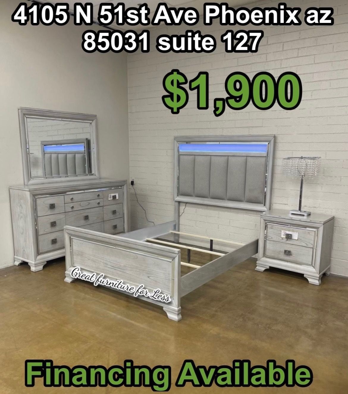 Queen Size Led Bedroom Set Gray Include Bed Frame Dresser Mirror And Nightstand Brand New