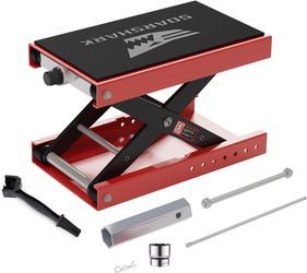 Aluminum Motorcycle Scissor Lift Jack, 1100LBS Heavy Duty (Red) Anodize, M16 Screw, Double Reinforcement Shafts, Non-Slip Rubber Pad, Dirt Bike ATV Cr