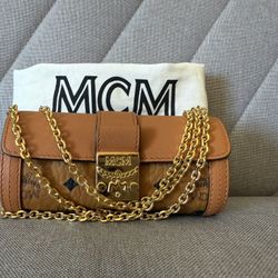 Auth MCM Cognac Coated Visetos Barrel Shoulder Crossbody Bag Made in Korea