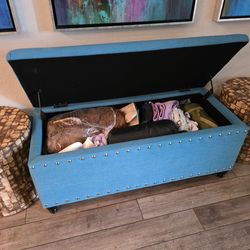 Storage ottoman/bench teal silver button accent