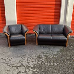 2 Piece Set of Norwegian Mid Century Modern Ekornes Manhattan Black Leather Sofas 