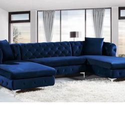 Large Blue Velvet Sectional