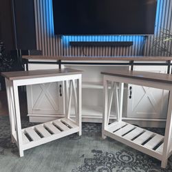 Farmhouse TV Stand + 2 Matching End Tables 
